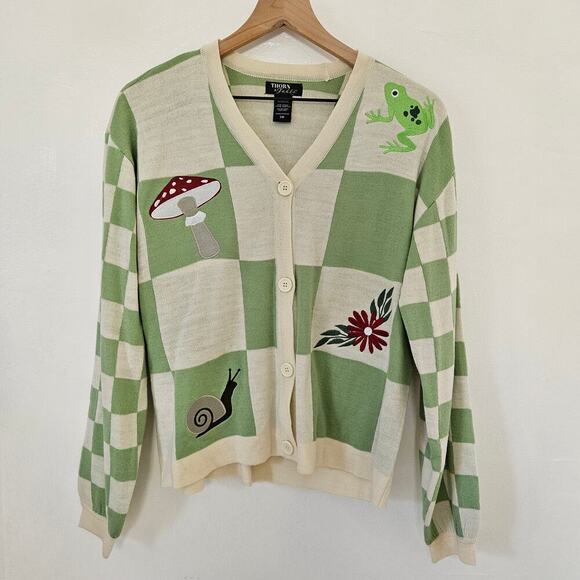 Hot Topic Sweaters - Hot Topic Thorn & Fable‎ Cottagecore Embroidered Check Cardigan S Green Ivory